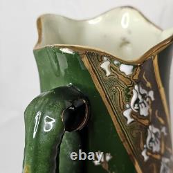 K G Luneville France 1880's Art Nouveau Double Handle Vase Green Enameled & Gold