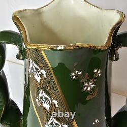 K G Luneville France 1880's Art Nouveau Double Handle Vase Green Enameled & Gold