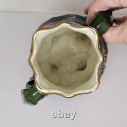 K G Luneville France 1880's Art Nouveau Double Handle Vase Green Enameled & Gold