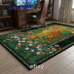 Klimt Style Tiger Rug, Golden Floral Carpet, Art Nouveau Mat Decor