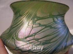 Kralik Antique 1900s Art Nouveau Bohemian Czech Green Iridescent Art Glass Vase