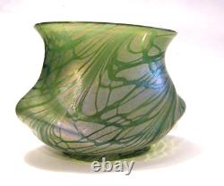 Kralik Antique 1900s Art Nouveau Bohemian Czech Green Iridescent Art Glass Vase