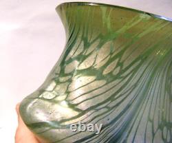 Kralik Antique 1900s Art Nouveau Bohemian Czech Green Iridescent Art Glass Vase