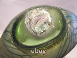 Kralik Antique 1900s Art Nouveau Bohemian Czech Green Iridescent Art Glass Vase