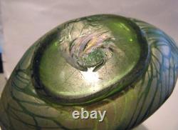 Kralik Antique 1900s Art Nouveau Bohemian Czech Green Iridescent Art Glass Vase