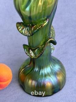 Kralik Art Glass Art Nouveau Era Vase Beautiful Iridescent Green Trails design