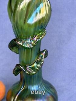 Kralik Art Glass Art Nouveau Era Vase Beautiful Iridescent Green Trails design