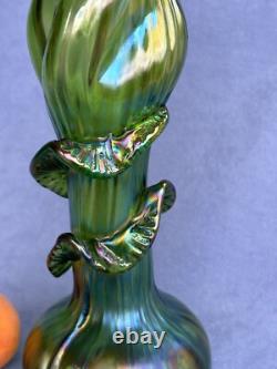 Kralik Art Glass Art Nouveau Era Vase Beautiful Iridescent Green Trails design