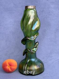 Kralik Art Glass Art Nouveau Era Vase Beautiful Iridescent Green Trails design