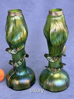 Kralik Art Glass Art Nouveau Era Vase Beautiful Iridescent Green Trails design
