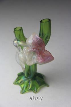Kralik Art Nouveau Green Iridescent Glass Twin-Tube Thorn Vase