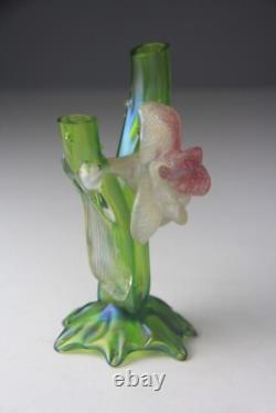 Kralik Art Nouveau Green Iridescent Glass Twin-Tube Thorn Vase