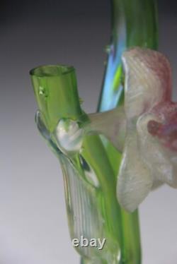 Kralik Art Nouveau Green Iridescent Glass Twin-Tube Thorn Vase