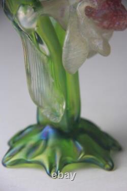 Kralik Art Nouveau Green Iridescent Glass Twin-Tube Thorn Vase
