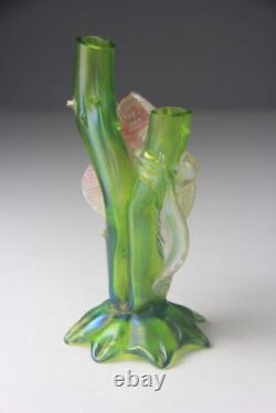 Kralik Art Nouveau Green Iridescent Glass Twin-Tube Thorn Vase