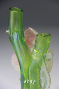 Kralik Art Nouveau Green Iridescent Glass Twin-Tube Thorn Vase