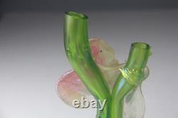 Kralik Art Nouveau Green Iridescent Glass Twin-Tube Thorn Vase