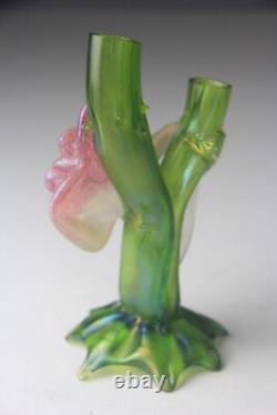 Kralik Art Nouveau Green Iridescent Glass Twin-Tube Thorn Vase
