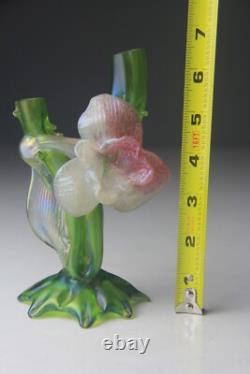 Kralik Art Nouveau Green Iridescent Glass Twin-Tube Thorn Vase