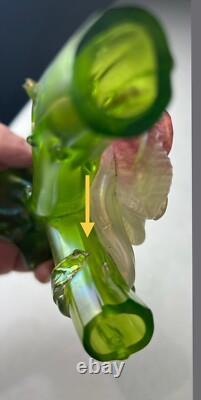 Kralik Art Nouveau Green Iridescent Glass Twin-Tube Thorn Vase