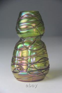 Kralik Art Nouveau Green with Purple Threaded Iridescent Art Glass Vase Read