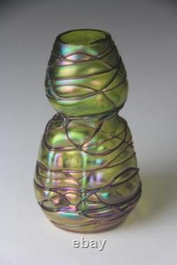 Kralik Art Nouveau Green with Purple Threaded Iridescent Art Glass Vase Read