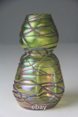 Kralik Art Nouveau Green with Purple Threaded Iridescent Art Glass Vase Read
