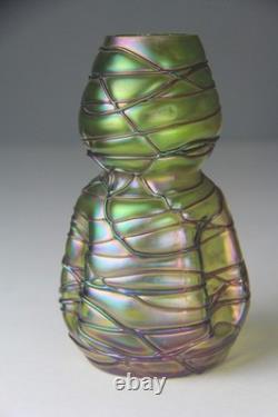 Kralik Art Nouveau Green with Purple Threaded Iridescent Art Glass Vase Read