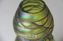 Kralik Art Nouveau Green with Purple Threaded Iridescent Art Glass Vase Read