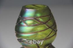 Kralik Art Nouveau Green with Purple Threaded Iridescent Art Glass Vase Read