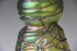 Kralik Art Nouveau Green with Purple Threaded Iridescent Art Glass Vase Read