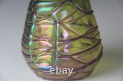 Kralik Art Nouveau Green with Purple Threaded Iridescent Art Glass Vase Read