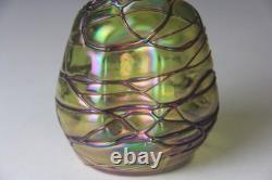 Kralik Art Nouveau Green with Purple Threaded Iridescent Art Glass Vase Read