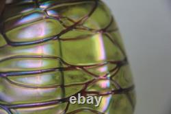 Kralik Art Nouveau Green with Purple Threaded Iridescent Art Glass Vase Read
