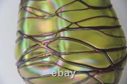 Kralik Art Nouveau Green with Purple Threaded Iridescent Art Glass Vase Read