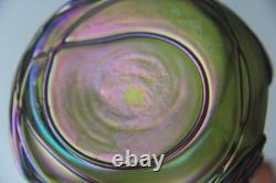 Kralik Art Nouveau Green with Purple Threaded Iridescent Art Glass Vase Read