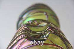 Kralik Art Nouveau Green with Purple Threaded Iridescent Art Glass Vase Read