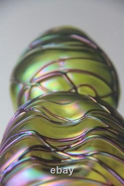 Kralik Art Nouveau Green with Purple Threaded Iridescent Art Glass Vase Read