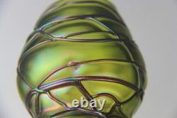 Kralik Art Nouveau Green with Purple Threaded Iridescent Art Glass Vase Read