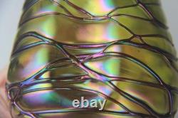 Kralik Art Nouveau Green with Purple Threaded Iridescent Art Glass Vase Read