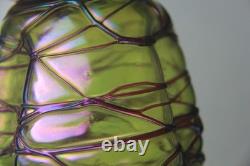 Kralik Art Nouveau Green with Purple Threaded Iridescent Art Glass Vase Read