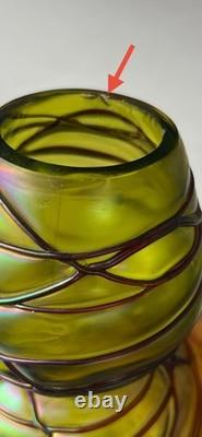 Kralik Art Nouveau Green with Purple Threaded Iridescent Art Glass Vase Read