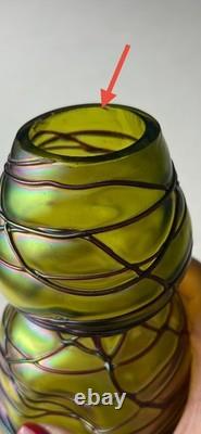 Kralik Art Nouveau Green with Purple Threaded Iridescent Art Glass Vase Read