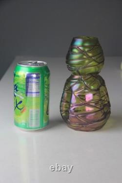 Kralik Art Nouveau Green with Purple Threaded Iridescent Art Glass Vase Read