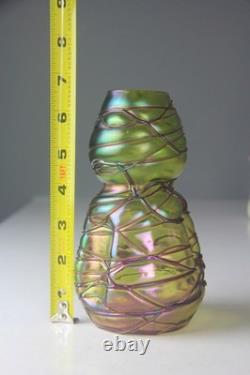 Kralik Art Nouveau Green with Purple Threaded Iridescent Art Glass Vase Read