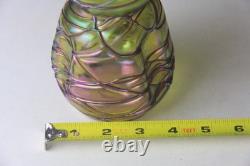 Kralik Art Nouveau Green with Purple Threaded Iridescent Art Glass Vase Read