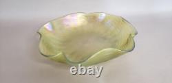 Kralik Czech Green Iridescent Art Nouveau Wave Glass Low Bowl Ruffled Edge