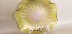 Kralik Czech Green Iridescent Art Nouveau Wave Glass Low Bowl Ruffled Edge
