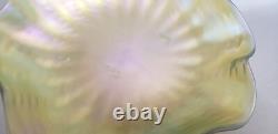 Kralik Czech Green Iridescent Art Nouveau Wave Glass Low Bowl Ruffled Edge