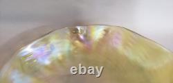 Kralik Czech Green Iridescent Art Nouveau Wave Glass Low Bowl Ruffled Edge